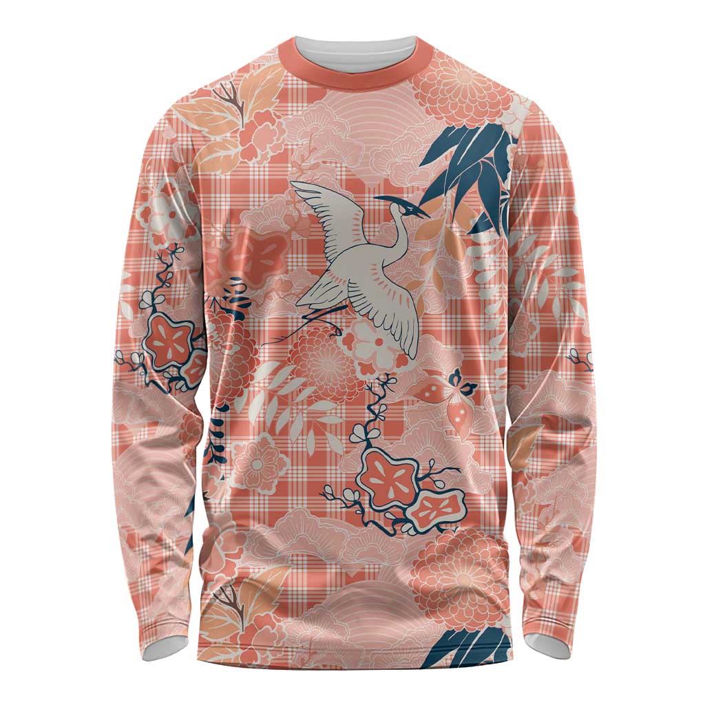 Red Palaka Crane and Flowers Long Sleeve Shirt Japan Heritage Spirit - Polynesian Pride