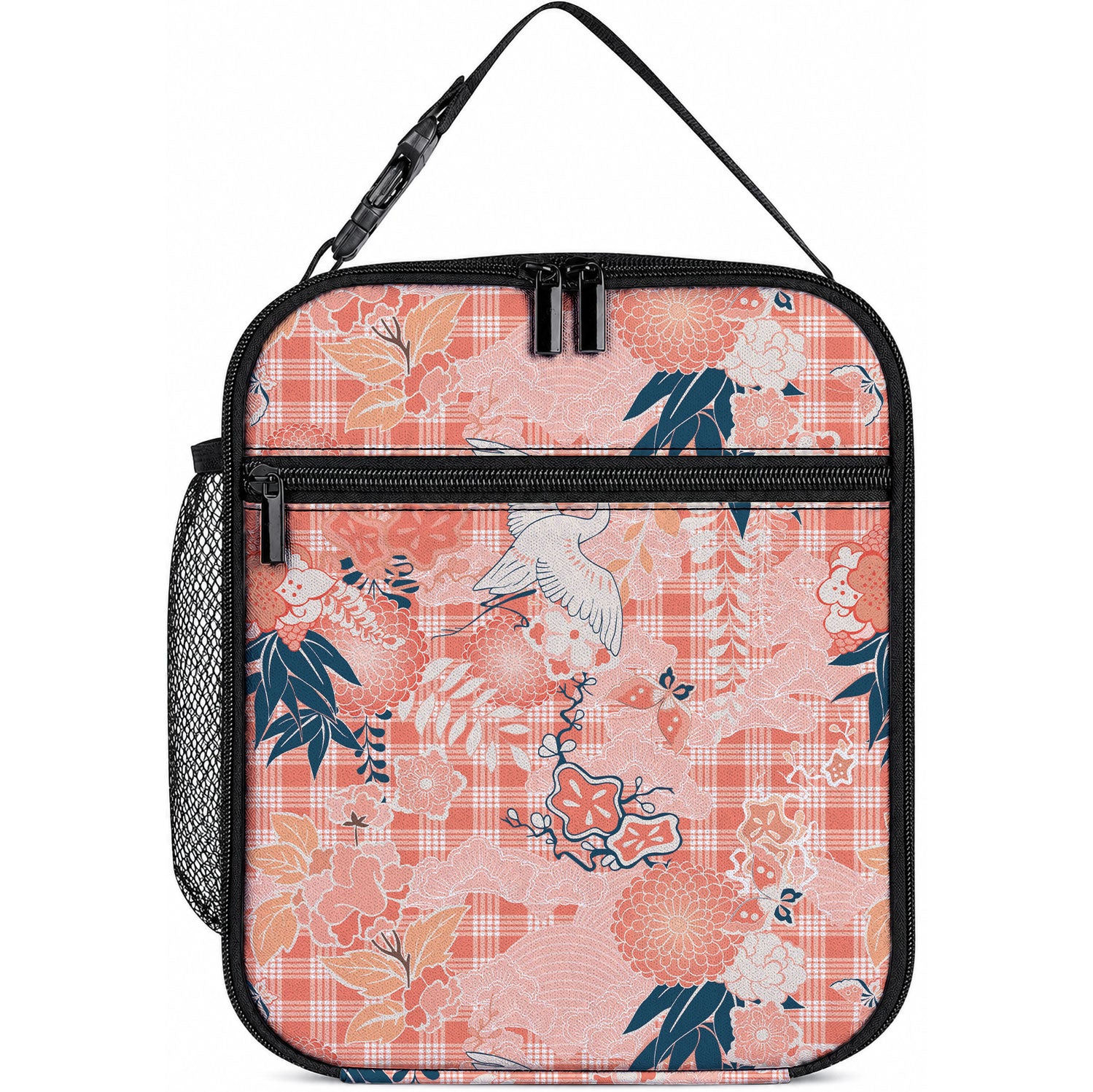 Red Palaka Crane and Flowers Lunch Bag Japan Heritage Spirit LT9 10.2 × 8.3 × 4.3 inch Red - Polynesian Pride