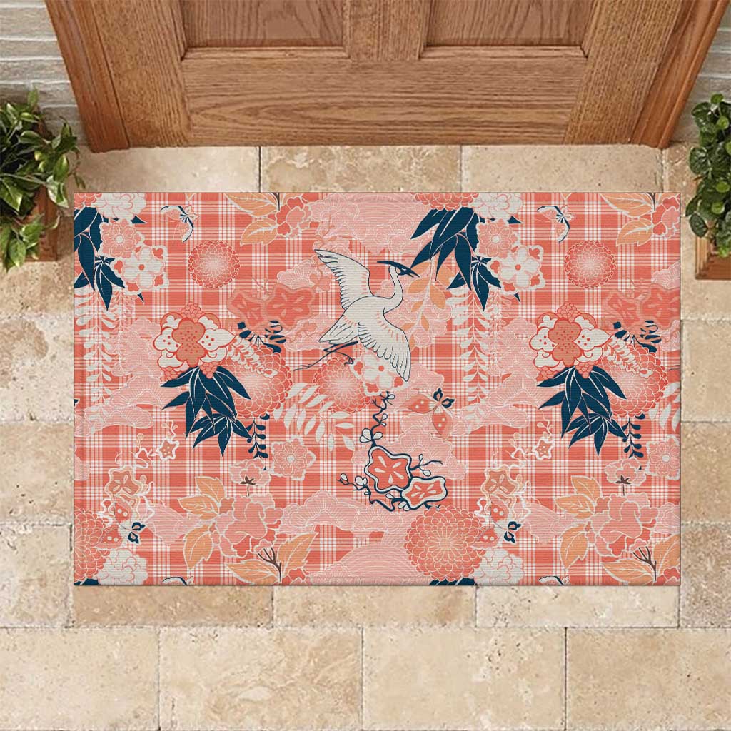 Red Palaka Crane and Flowers Rubber Doormat Japan Heritage Spirit - Polynesian Pride
