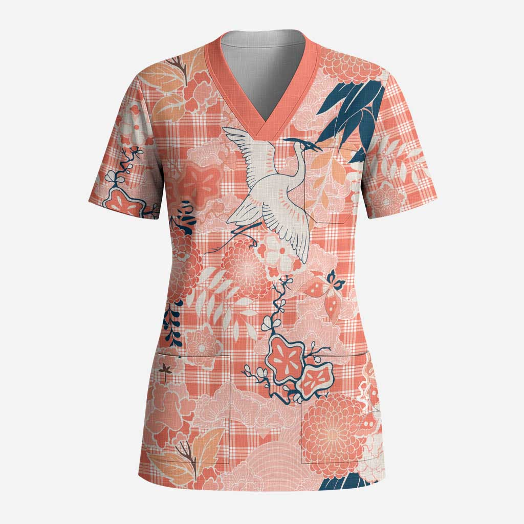 Red Palaka Crane and Flowers Scrub Top Japan Heritage Spirit LT9 Adult Red - Polynesian Pride