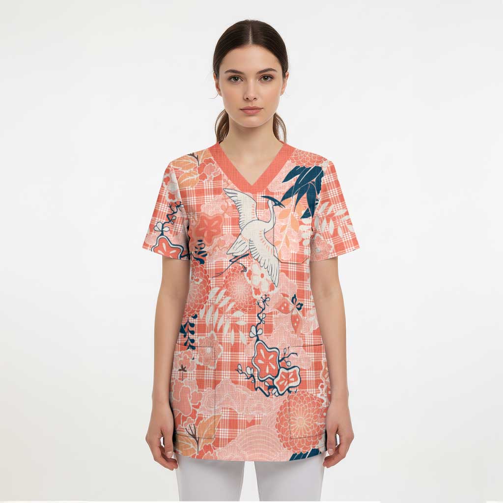 Red Palaka Crane and Flowers Scrub Top Japan Heritage Spirit - Polynesian Pride