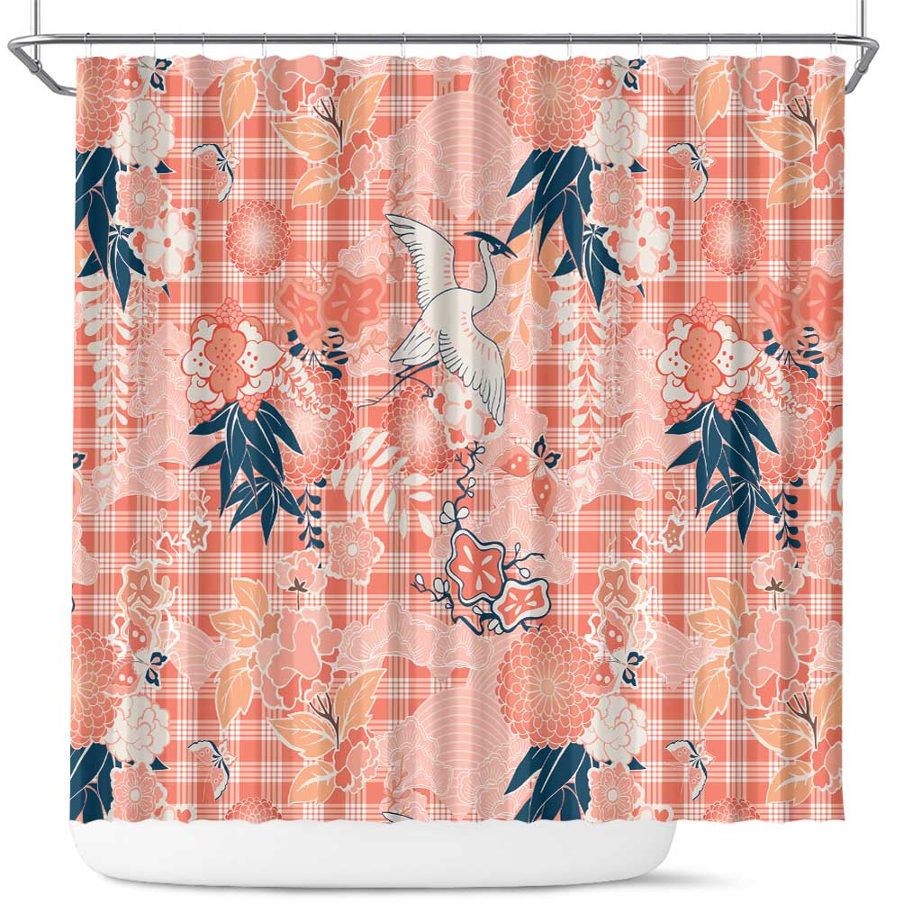 Red Palaka Crane and Flowers Shower Curtain Japan Heritage Spirit - Polynesian Pride