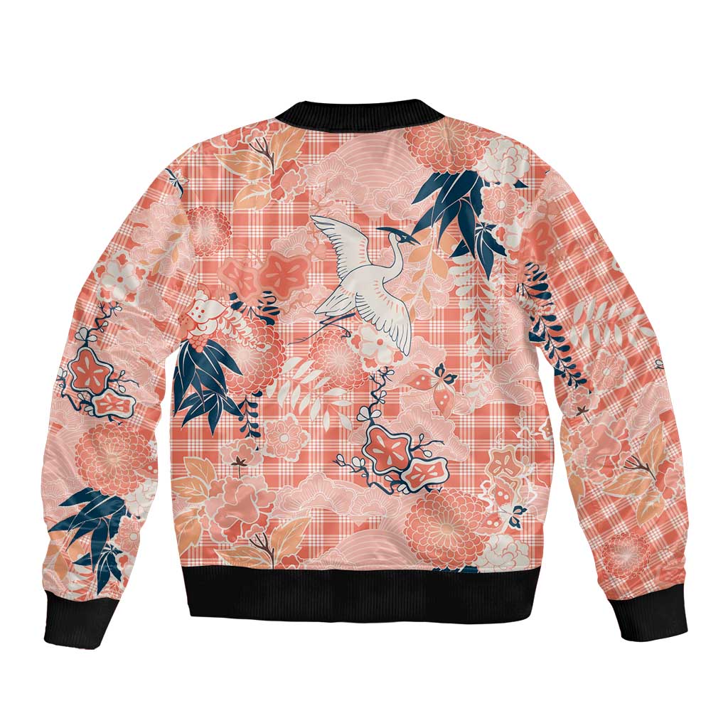 Red Palaka Crane and Flowers Sleeve Zip Bomber Jacket Japan Heritage Spirit - Polynesian Pride