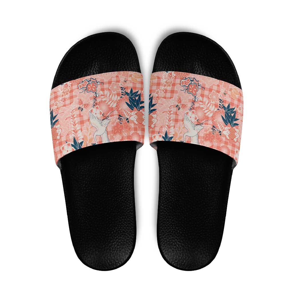 Red Palaka Crane and Flowers Slide Sandals Japan Heritage Spirit LT9 Red - Polynesian Pride