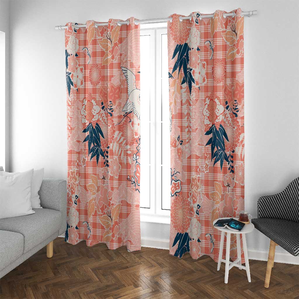 Red Palaka Crane and Flowers Window Curtain Japan Heritage Spirit - Polynesian Pride