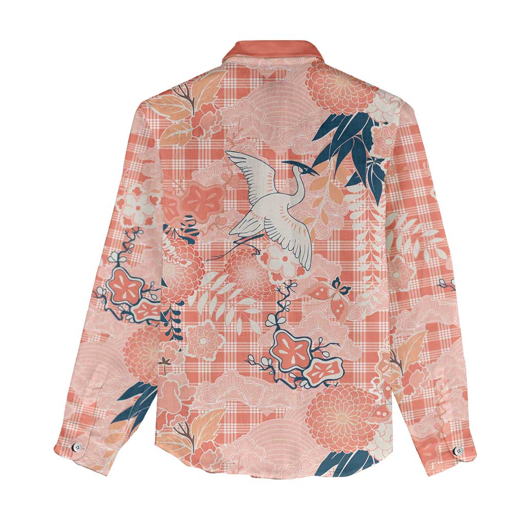 Red Palaka Crane and Flowers Women Casual Shirt Japan Heritage Spirit LT9 - Polynesian Pride