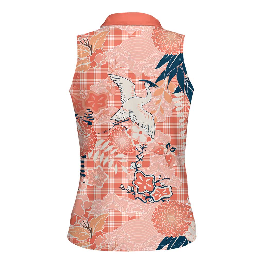 Red Palaka Crane and Flowers Women Sleeveless Polo Shirt Japan Heritage Spirit - Polynesian Pride