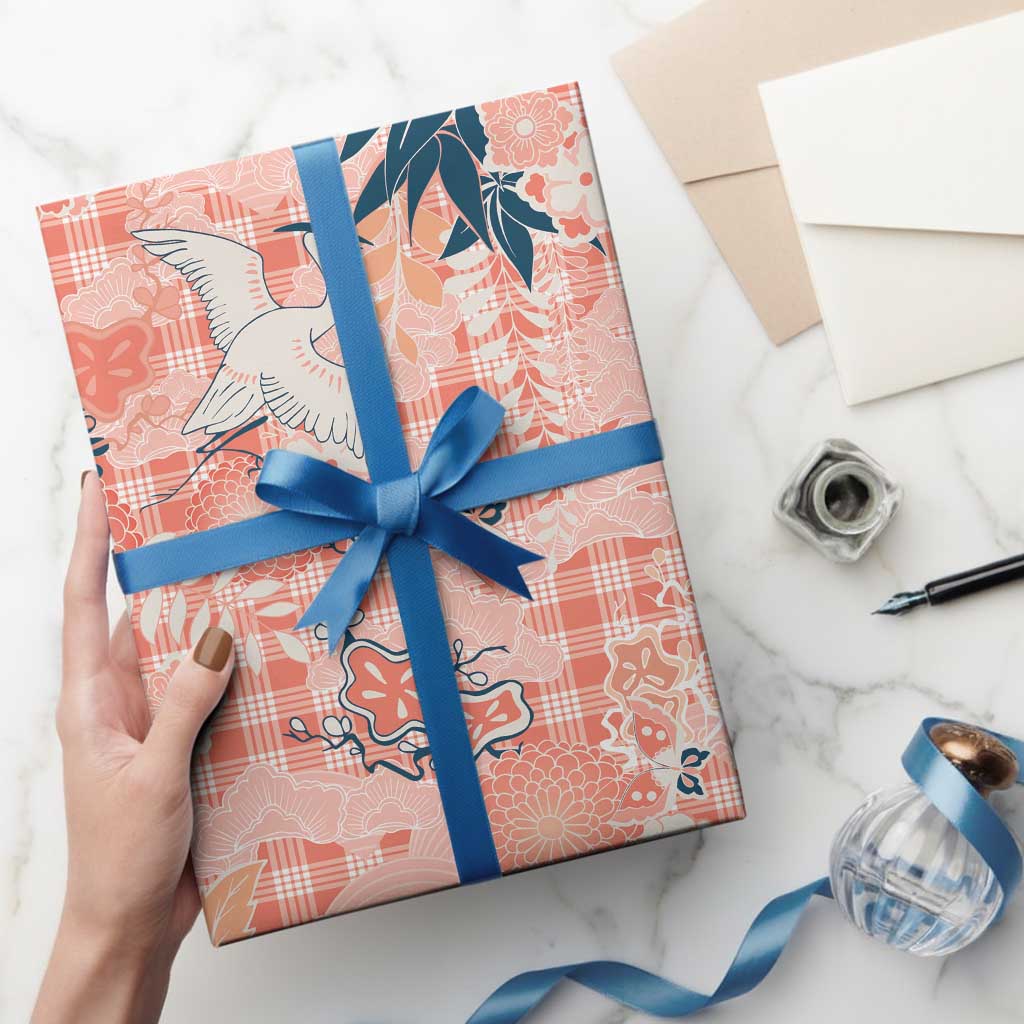 Red Palaka Crane and Flowers Wrapping Paper Japan Heritage Spirit - Polynesian Pride