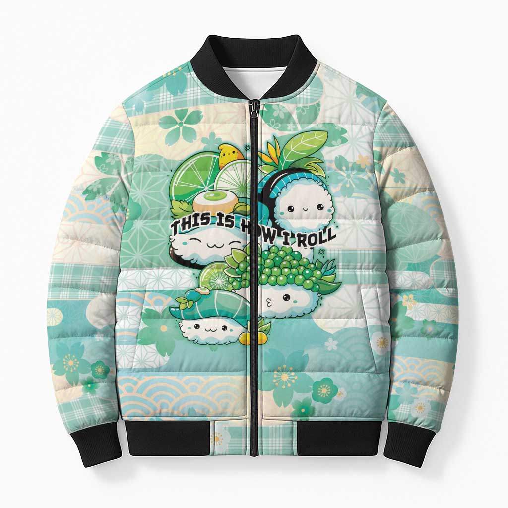Personalized Japanese Kawaii Sushi Bomber Puffer Jacket Green Wagara Palaka This Is How I Roll LT9 Unisex Green - Polynesian Pride