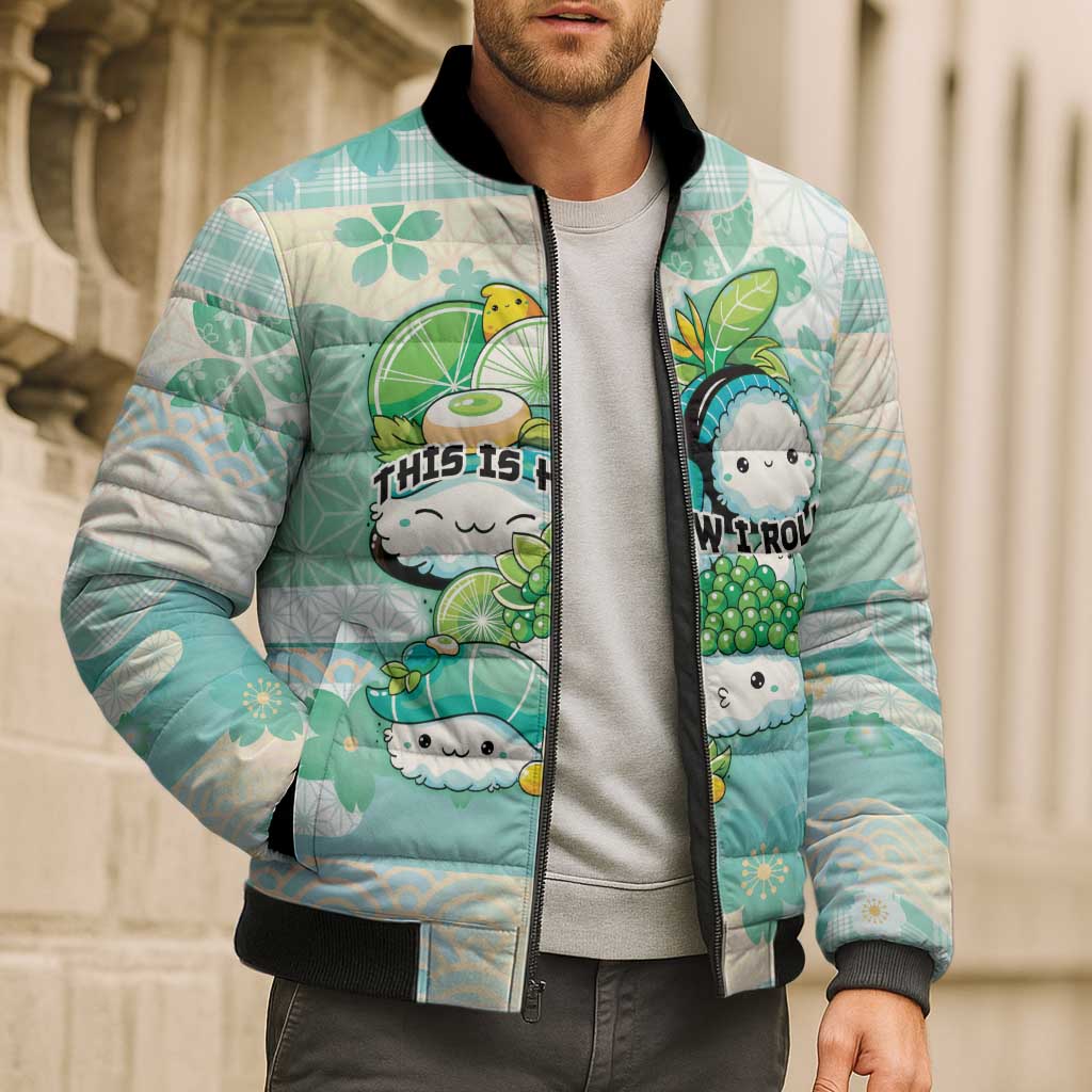 Personalized Japanese Kawaii Sushi Bomber Puffer Jacket Green Wagara Palaka This Is How I Roll