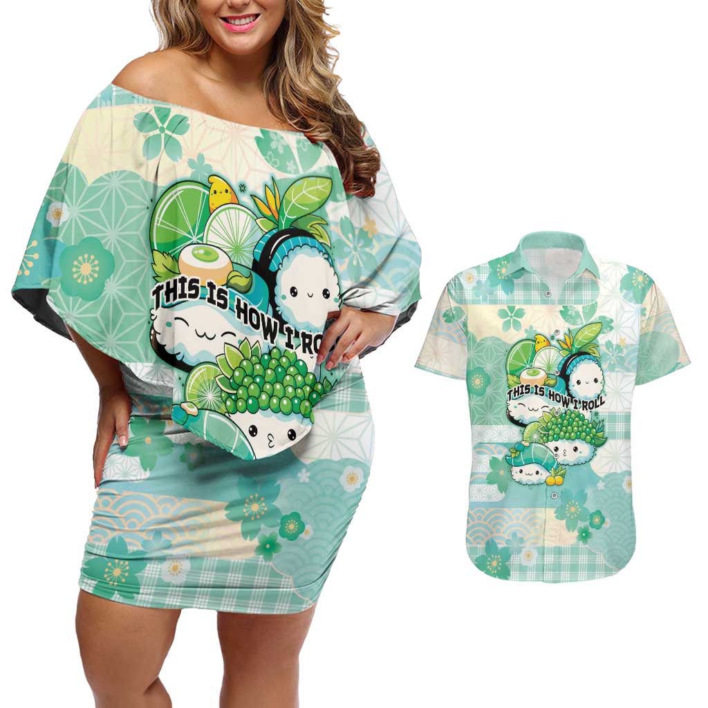 Personalized Japanese Kawaii Sushi Couples Matching Off Shoulder Short Dress and Hawaiian Shirt Green Wagara Palaka This Is How I Roll LT9 Green - Polynesian Pride