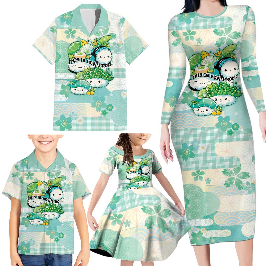 Personalized Japanese Kawaii Sushi Family Matching Long Sleeve Bodycon Dress and Hawaiian Shirt Green Wagara Palaka This Is How I Roll