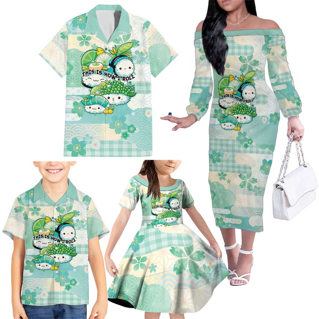 Personalized Japanese Kawaii Sushi Family Matching Off The Shoulder Long Sleeve Dress and Hawaiian Shirt Green Wagara Palaka This Is How I Roll