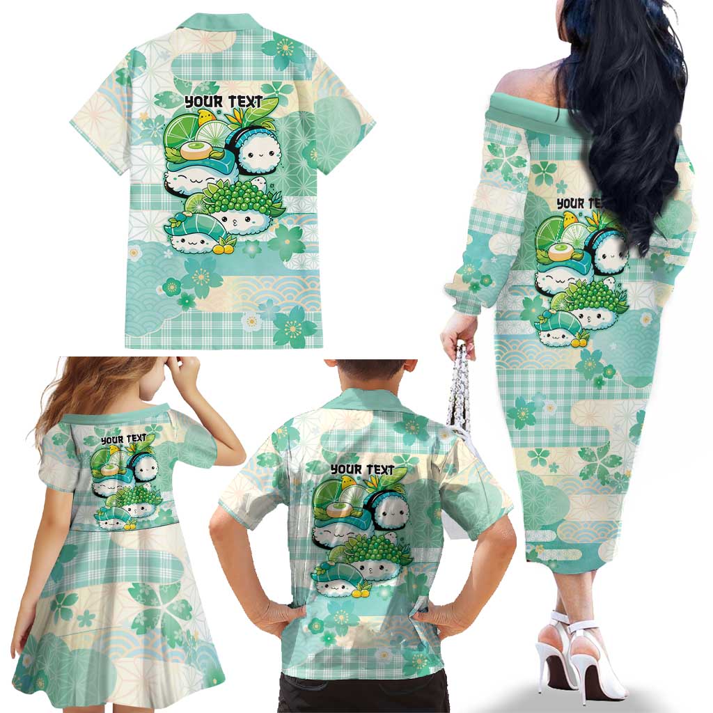 Personalized Japanese Kawaii Sushi Family Matching Off The Shoulder Long Sleeve Dress and Hawaiian Shirt Green Wagara Palaka This Is How I Roll