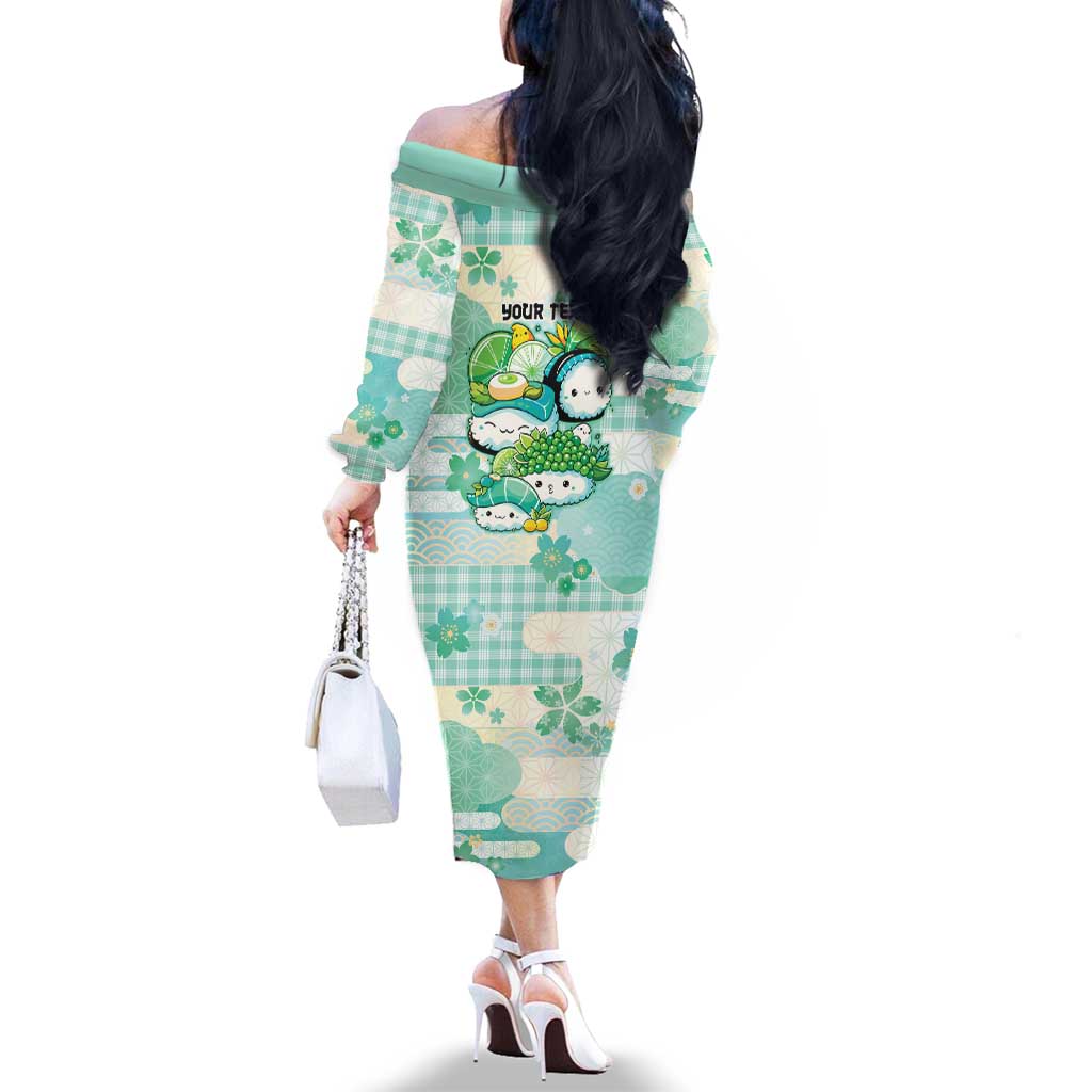 Personalized Japanese Kawaii Sushi Family Matching Off The Shoulder Long Sleeve Dress and Hawaiian Shirt Green Wagara Palaka This Is How I Roll