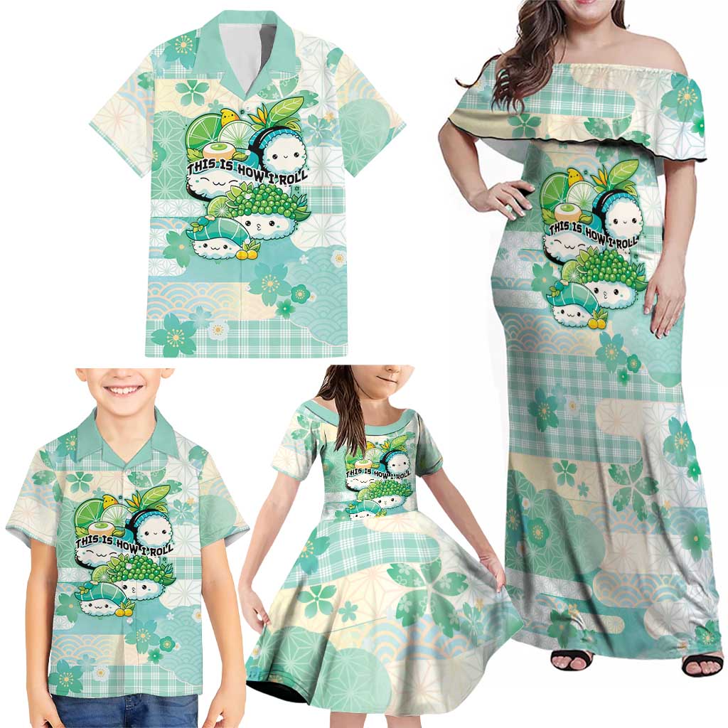 Personalized Japanese Kawaii Sushi Family Matching Off Shoulder Maxi Dress and Hawaiian Shirt Green Wagara Palaka This Is How I Roll