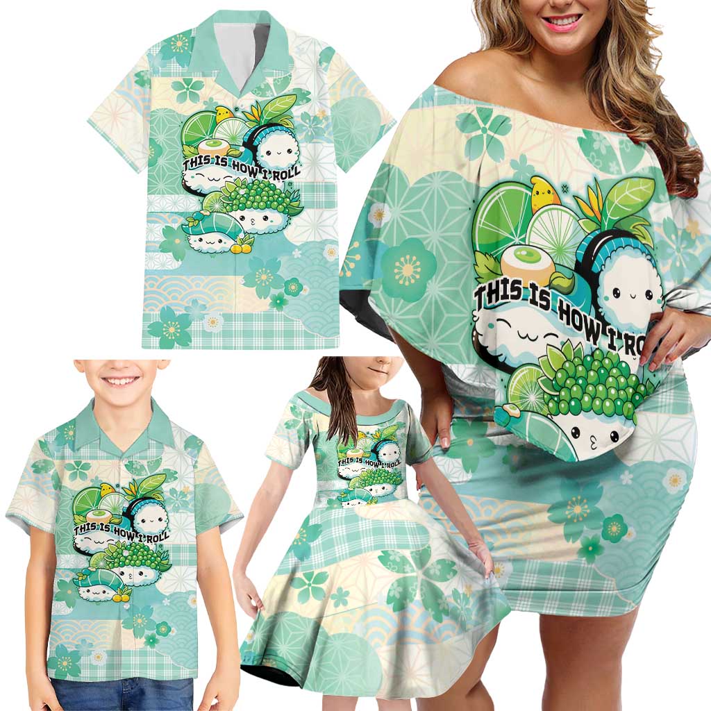 Personalized Japanese Kawaii Sushi Family Matching Off Shoulder Short Dress and Hawaiian Shirt Green Wagara Palaka This Is How I Roll