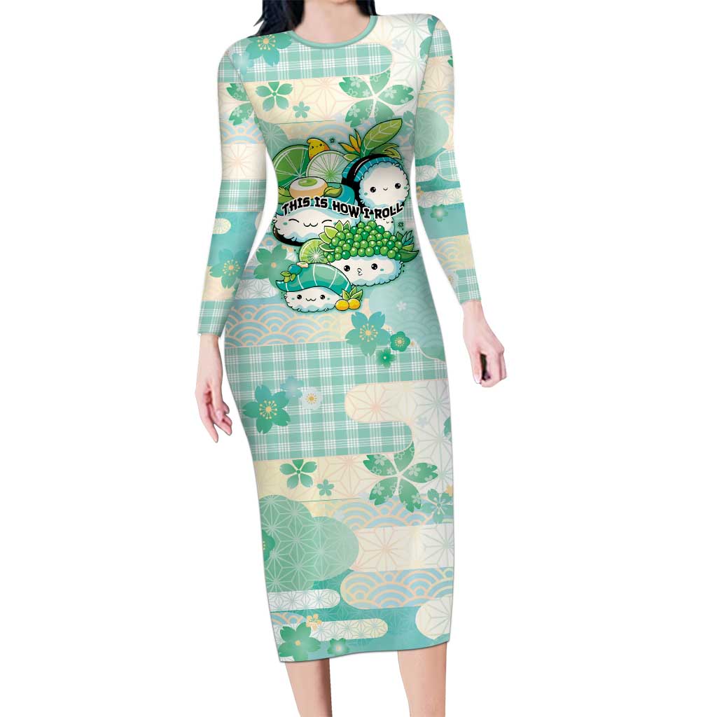 Personalized Japanese Kawaii Sushi Long Sleeve Bodycon Dress Green Wagara Palaka This Is How I Roll LT9 Long Dress Green - Polynesian Pride