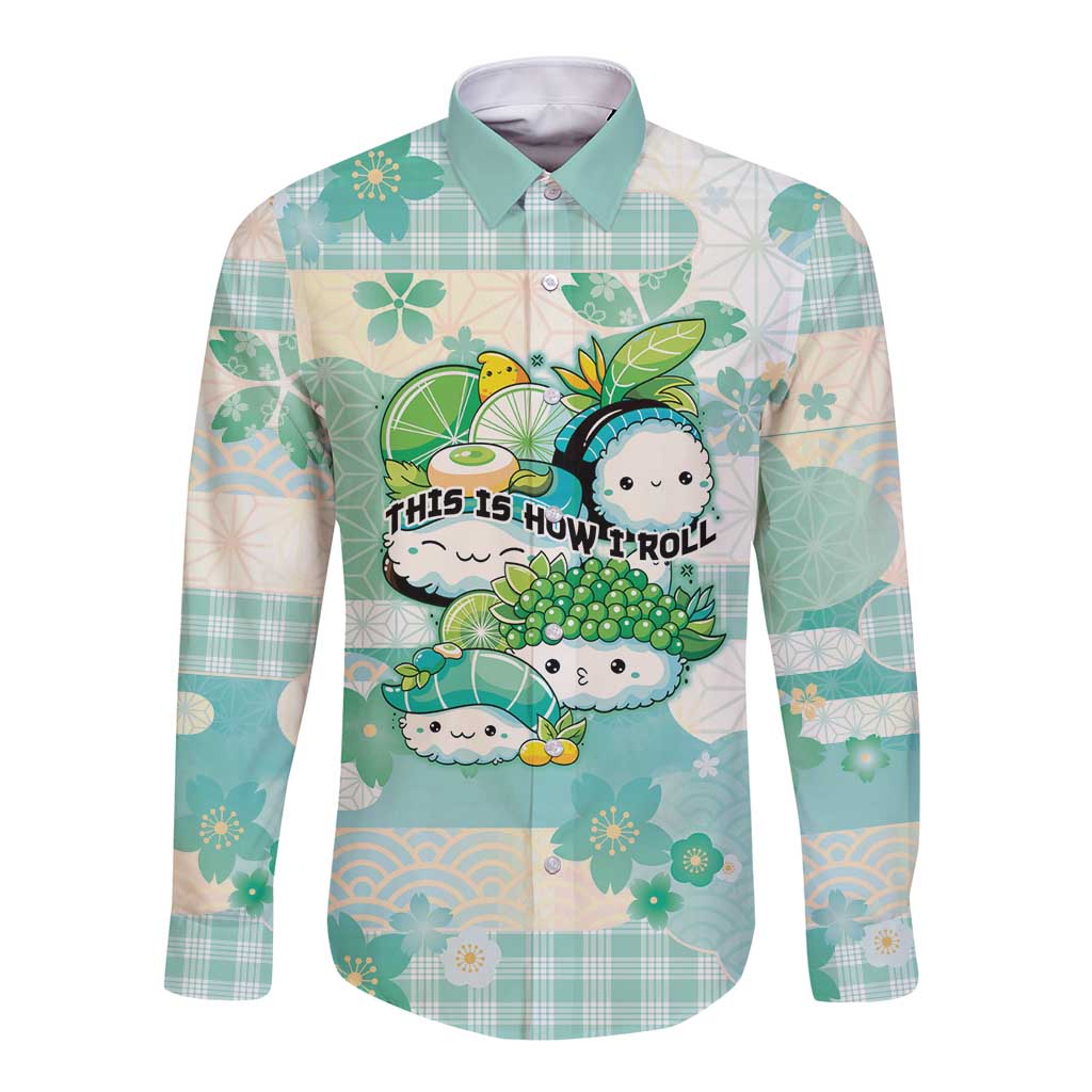 Personalized Japanese Kawaii Sushi Long Sleeve Button Shirt Green Wagara Palaka This Is How I Roll LT9 Unisex Green - Polynesian Pride