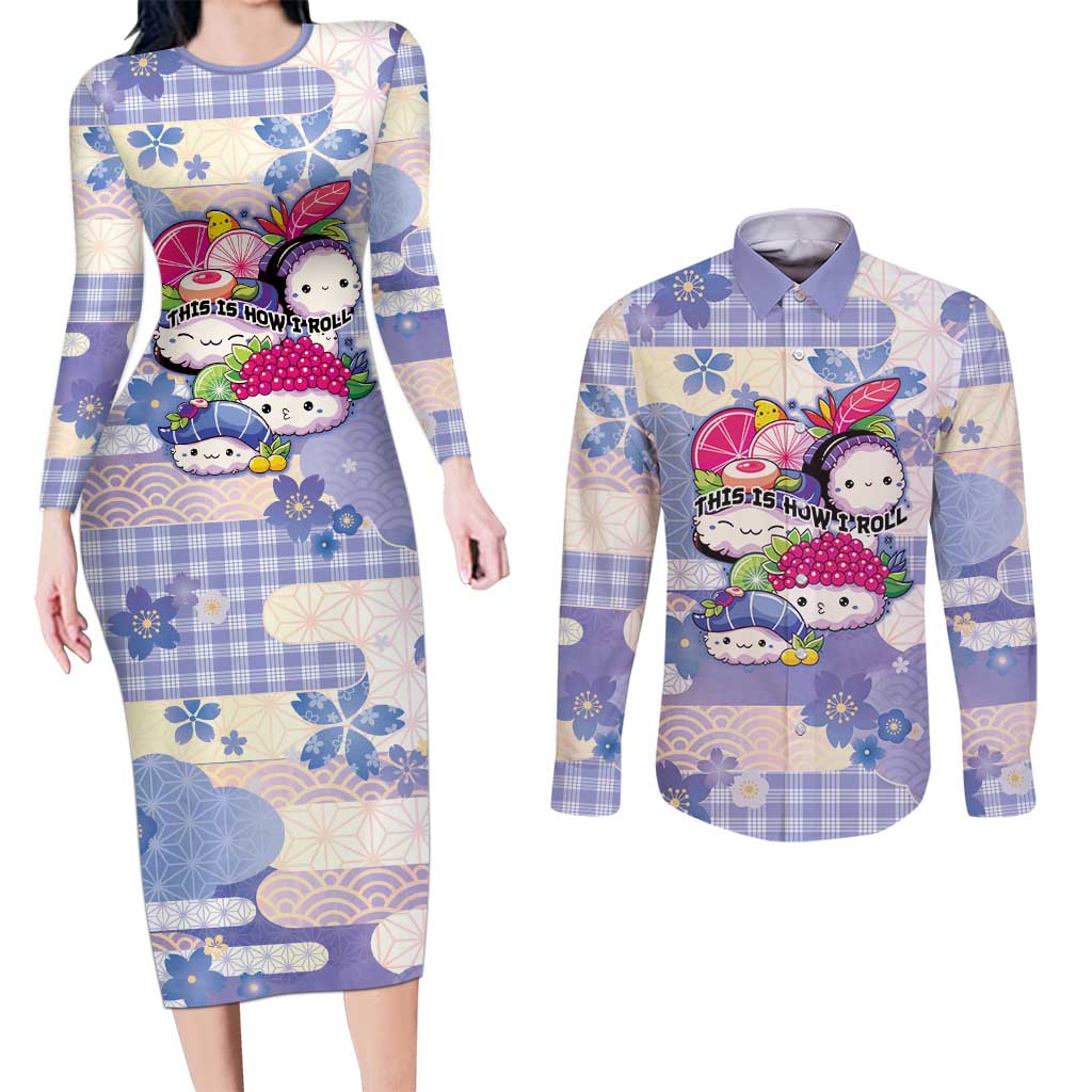 Personalized Japanese Kawaii Sushi Couples Matching Long Sleeve Bodycon Dress and Long Sleeve Button Shirt Blue Wagara Palaka This Is How I Roll LT9 Blue - Polynesian Pride