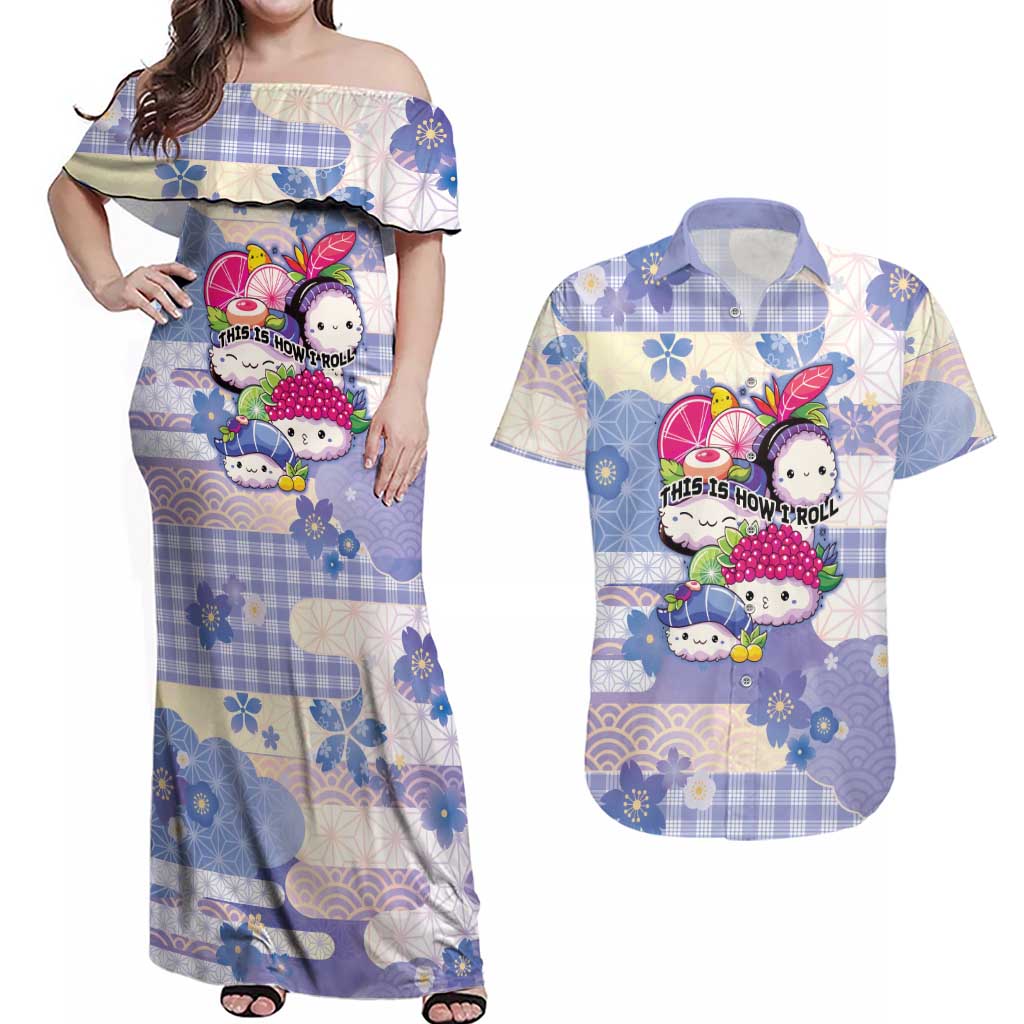 Personalized Japanese Kawaii Sushi Couples Matching Off Shoulder Maxi Dress and Hawaiian Shirt Blue Wagara Palaka This Is How I Roll LT9 Blue - Polynesian Pride