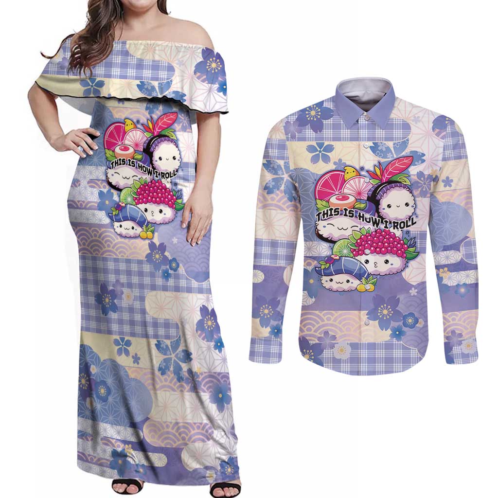 Personalized Japanese Kawaii Sushi Couples Matching Off Shoulder Maxi Dress and Long Sleeve Button Shirt Blue Wagara Palaka This Is How I Roll LT9 Blue - Polynesian Pride