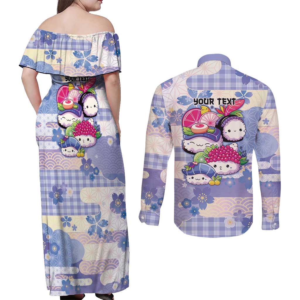 Personalized Japanese Kawaii Sushi Couples Matching Off Shoulder Maxi Dress and Long Sleeve Button Shirt Blue Wagara Palaka This Is How I Roll LT9 - Polynesian Pride