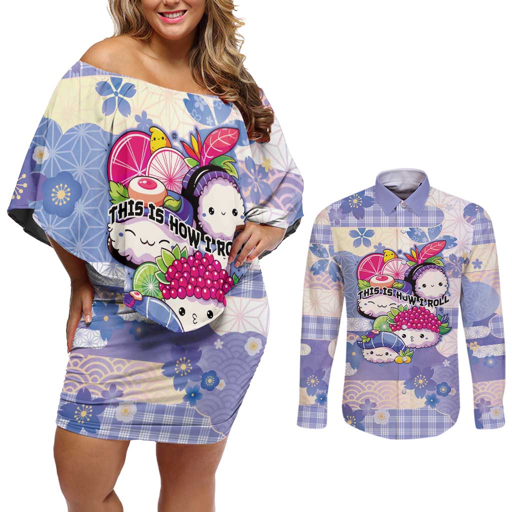 Personalized Japanese Kawaii Sushi Couples Matching Off Shoulder Short Dress and Long Sleeve Button Shirt Blue Wagara Palaka This Is How I Roll LT9 Blue - Polynesian Pride