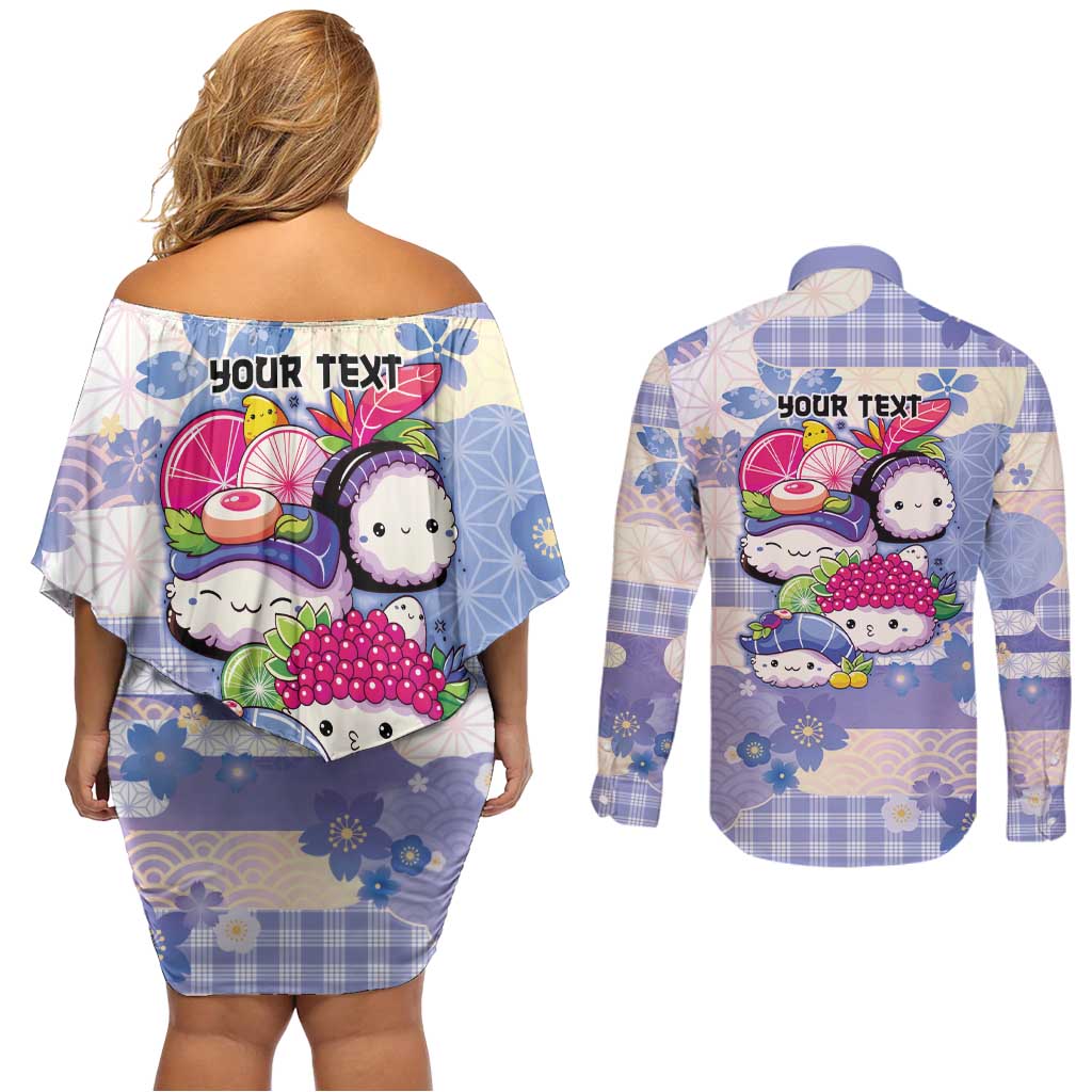 Personalized Japanese Kawaii Sushi Couples Matching Off Shoulder Short Dress and Long Sleeve Button Shirt Blue Wagara Palaka This Is How I Roll LT9 - Polynesian Pride