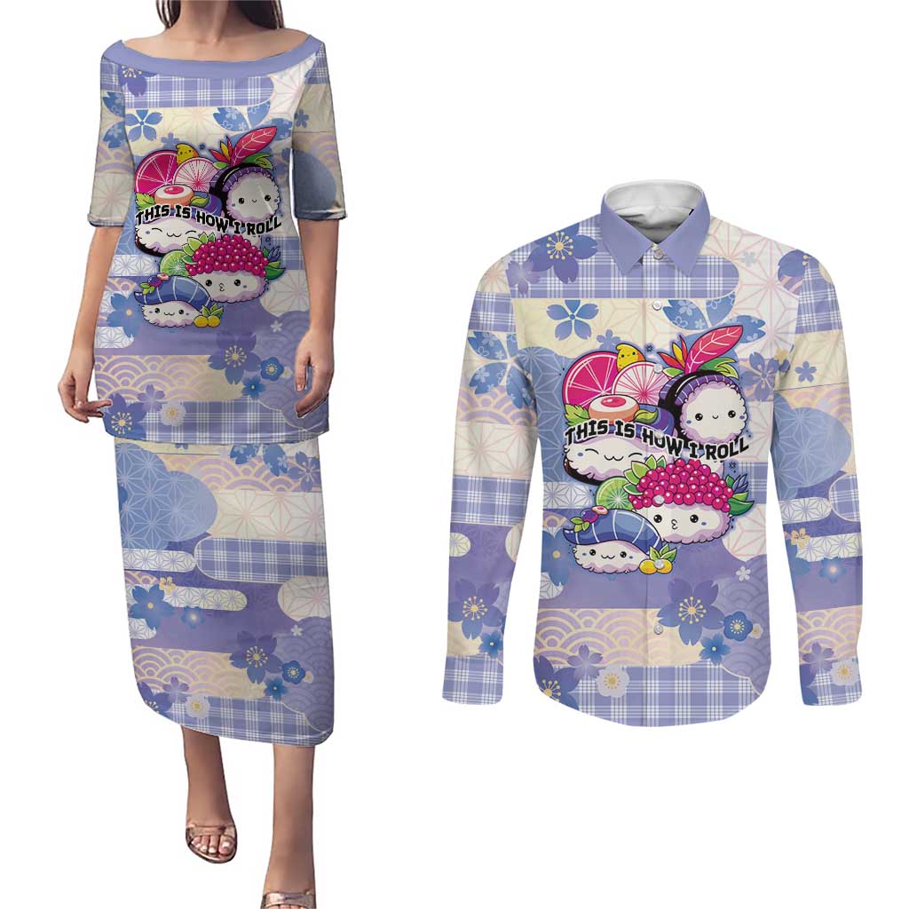 Personalized Japanese Kawaii Sushi Couples Matching Puletasi and Long Sleeve Button Shirt Blue Wagara Palaka This Is How I Roll LT9 Blue - Polynesian Pride