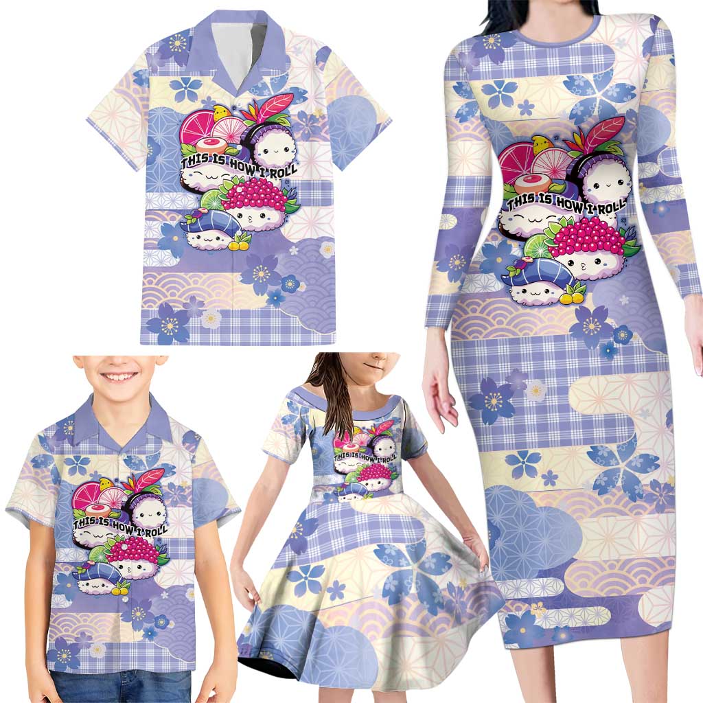 Personalized Japanese Kawaii Sushi Family Matching Long Sleeve Bodycon Dress and Hawaiian Shirt Blue Wagara Palaka This Is How I Roll