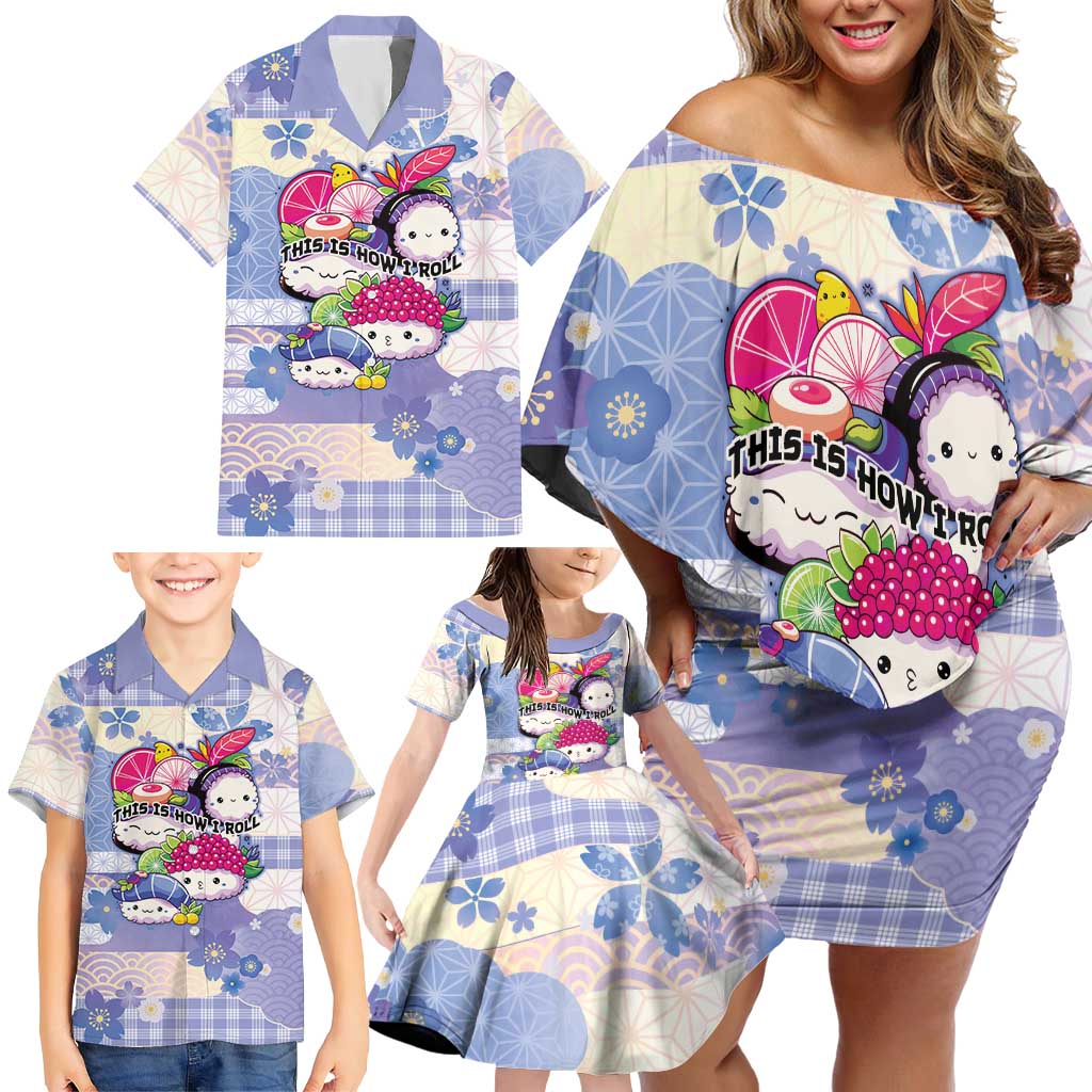 Personalized Japanese Kawaii Sushi Family Matching Off Shoulder Short Dress and Hawaiian Shirt Blue Wagara Palaka This Is How I Roll