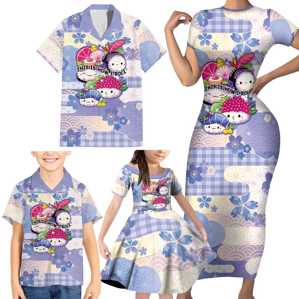 Personalized Japanese Kawaii Sushi Family Matching Short Sleeve Bodycon Dress and Hawaiian Shirt Blue Wagara Palaka This Is How I Roll