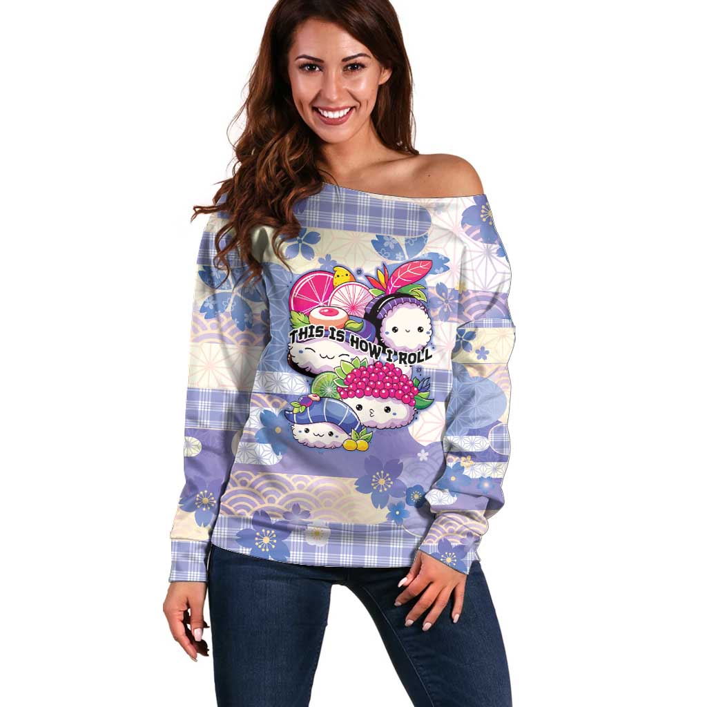 Personalized Japanese Kawaii Sushi Off Shoulder Sweater Blue Wagara Palaka This Is How I Roll LT9 Women Blue - Polynesian Pride