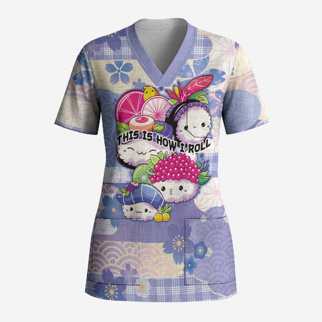 Personalized Japanese Kawaii Sushi Scrub Top Blue Wagara Palaka This Is How I Roll LT9 Adult Blue - Polynesian Pride
