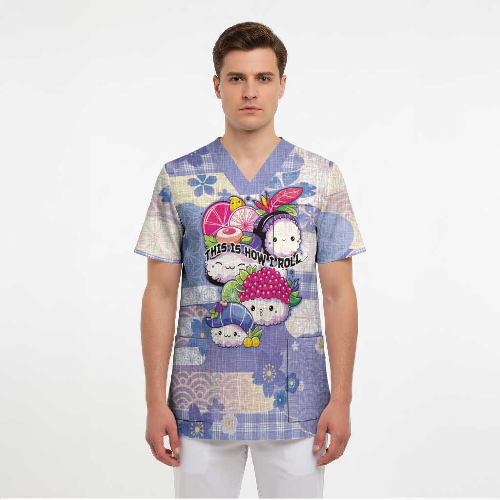 Personalized Japanese Kawaii Sushi Scrub Top Blue Wagara Palaka This Is How I Roll LT9 - Polynesian Pride