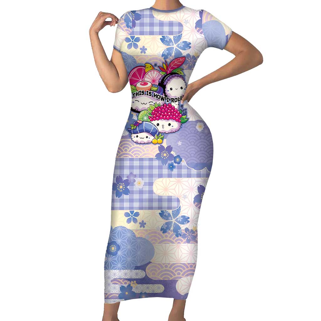 Personalized Japanese Kawaii Sushi Short Sleeve Bodycon Dress Blue Wagara Palaka This Is How I Roll LT9 Long Dress Blue - Polynesian Pride