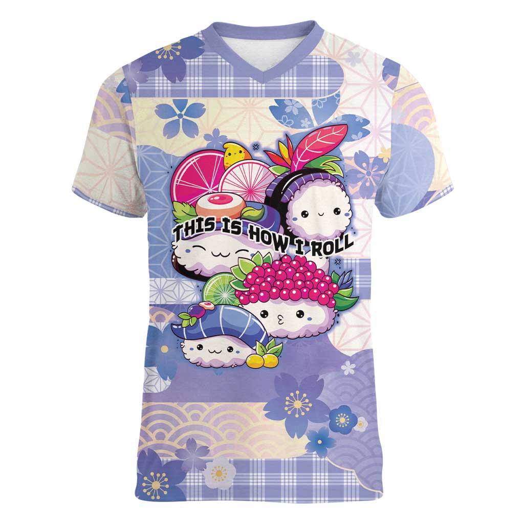 Personalized Japanese Kawaii Sushi Women V-Neck T-Shirt Blue Wagara Palaka This Is How I Roll LT9 Female Blue - Polynesian Pride