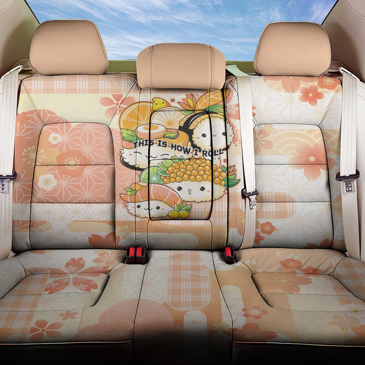 Japanese Kawaii Sushi Back Car Seat Cover Peach Wagara Palaka This Is How I Roll LT9 One Size Peach - Polynesian Pride