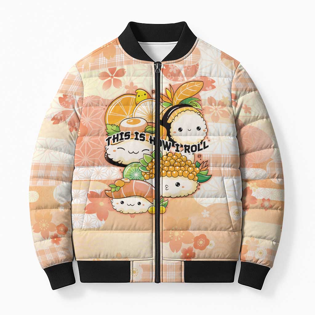 Personalized Japanese Kawaii Sushi Bomber Puffer Jacket Peach Wagara Palaka This Is How I Roll