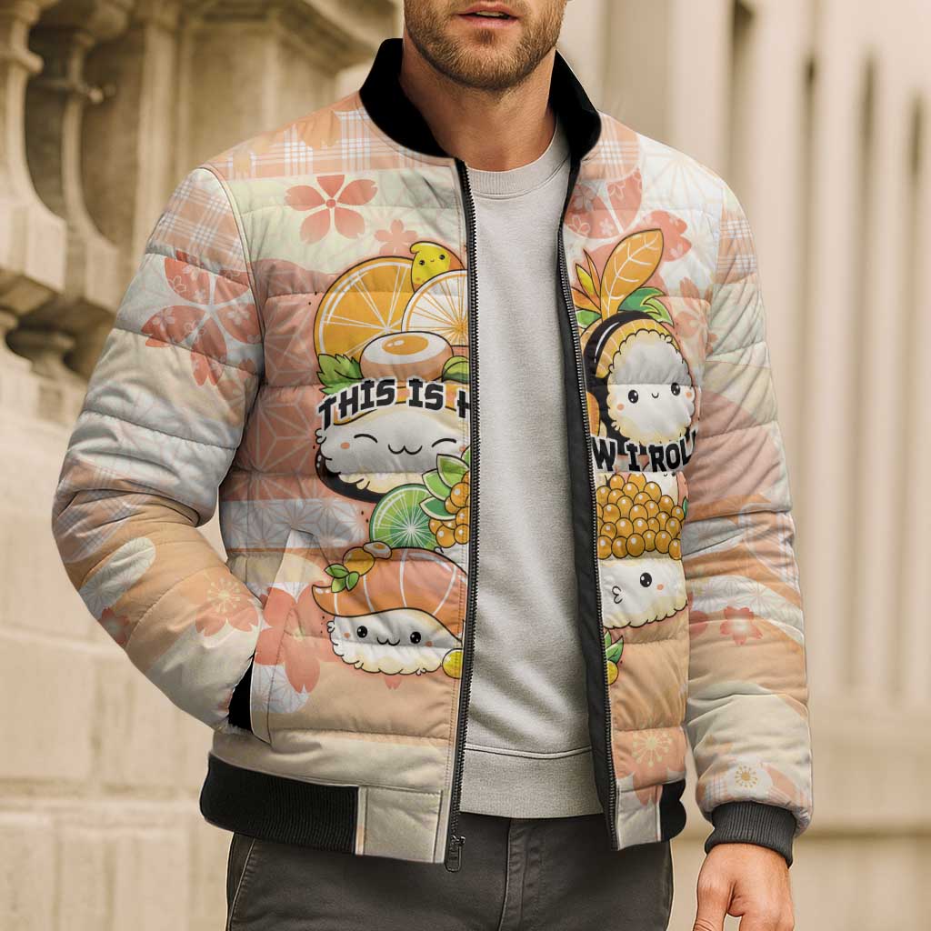 Personalized Japanese Kawaii Sushi Bomber Puffer Jacket Peach Wagara Palaka This Is How I Roll