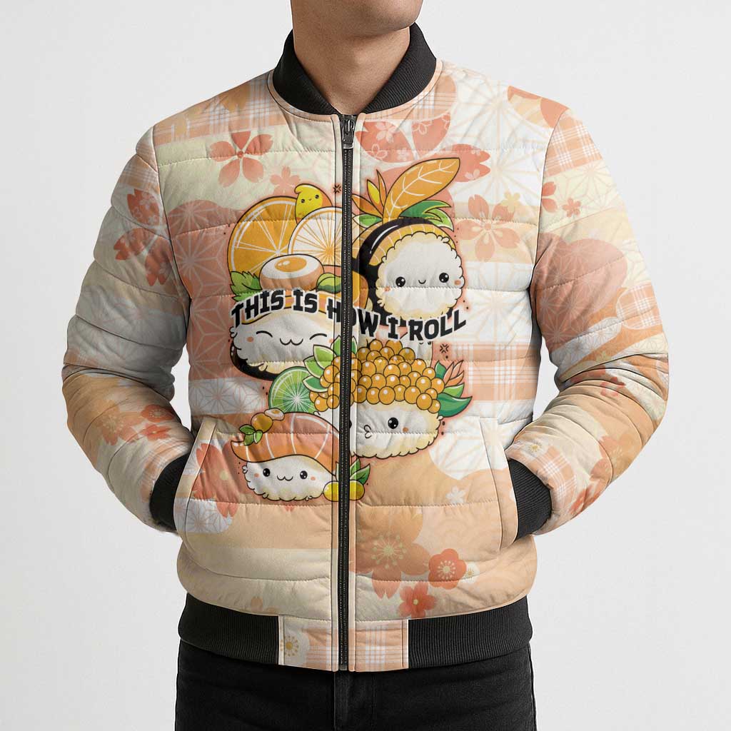 Personalized Japanese Kawaii Sushi Bomber Puffer Jacket Peach Wagara Palaka This Is How I Roll