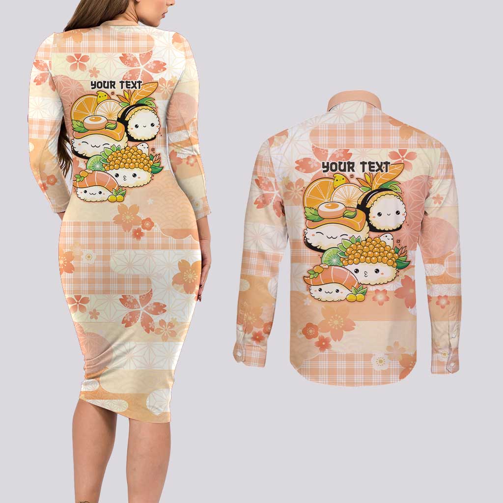 Personalized Japanese Kawaii Sushi Couples Matching Long Sleeve Bodycon Dress and Long Sleeve Button Shirt Peach Wagara Palaka This Is How I Roll LT9 - Polynesian Pride