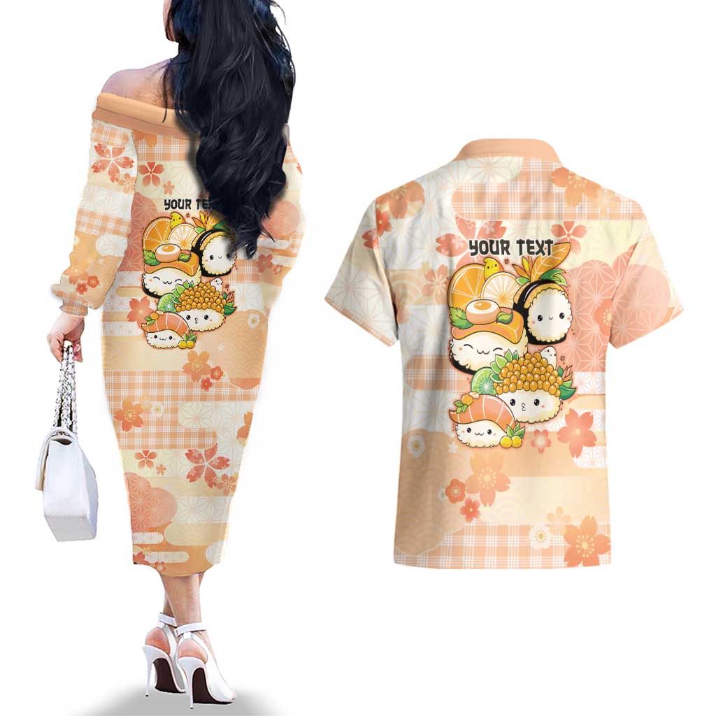 Personalized Japanese Kawaii Sushi Couples Matching Off The Shoulder Long Sleeve Dress and Hawaiian Shirt Peach Wagara Palaka This Is How I Roll LT9 - Polynesian Pride