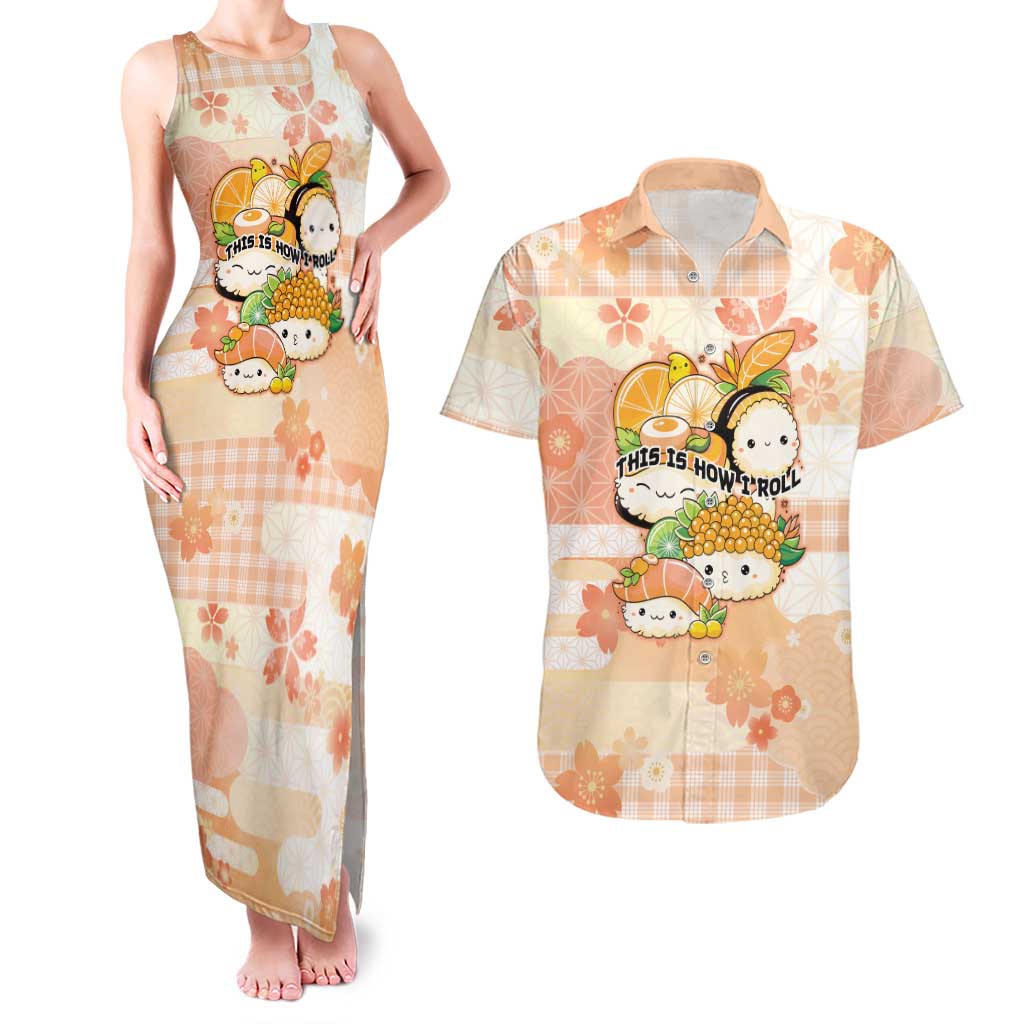 Personalized Japanese Kawaii Sushi Couples Matching Tank Maxi Dress and Hawaiian Shirt Peach Wagara Palaka This Is How I Roll LT9 Peach - Polynesian Pride