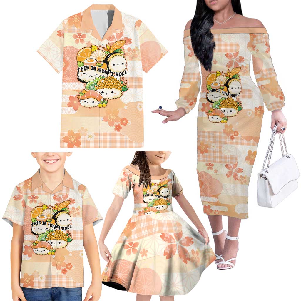Personalized Japanese Kawaii Sushi Family Matching Off The Shoulder Long Sleeve Dress and Hawaiian Shirt Peach Wagara Palaka This Is How I Roll