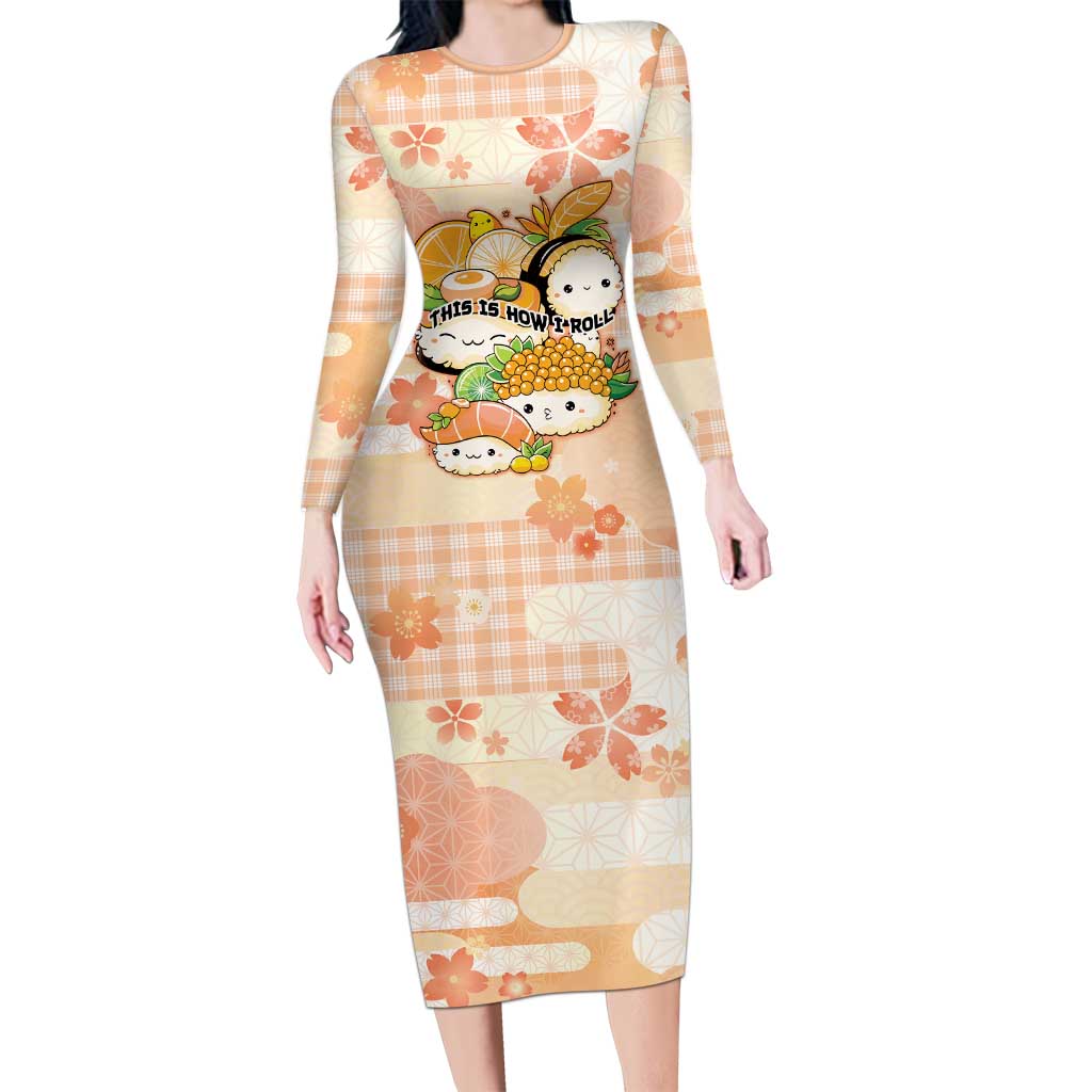 Personalized Japanese Kawaii Sushi Long Sleeve Bodycon Dress Peach Wagara Palaka This Is How I Roll LT9 Long Dress Peach - Polynesian Pride