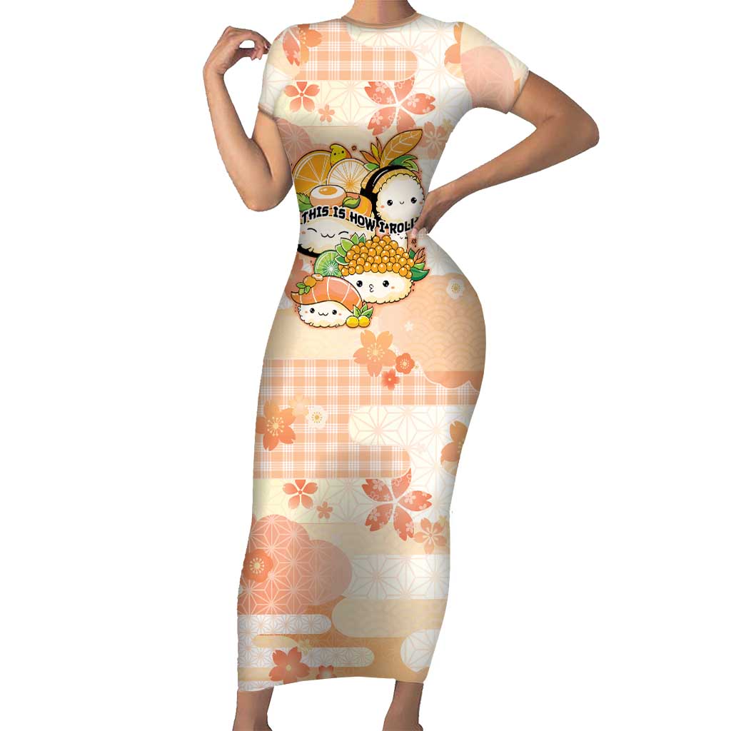 Personalized Japanese Kawaii Sushi Short Sleeve Bodycon Dress Peach Wagara Palaka This Is How I Roll LT9 Long Dress Peach - Polynesian Pride