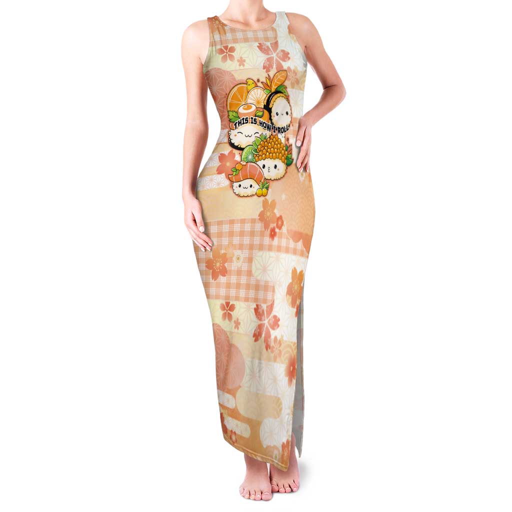 Personalized Japanese Kawaii Sushi Tank Maxi Dress Peach Wagara Palaka This Is How I Roll LT9 Women Peach - Polynesian Pride