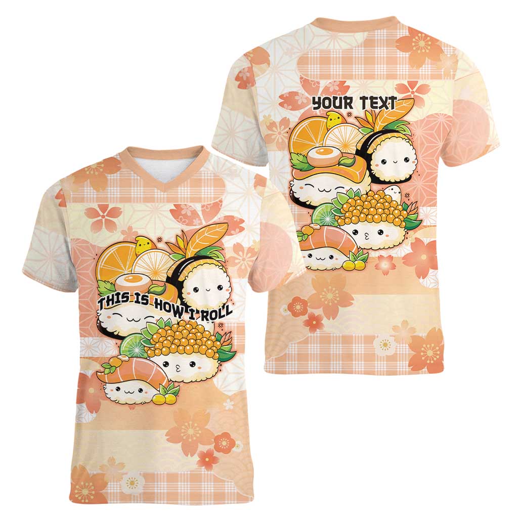 Personalized Japanese Kawaii Sushi Women V-Neck T-Shirt Peach Wagara Palaka This Is How I Roll LT9 - Polynesian Pride